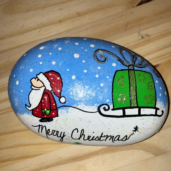 Hand Crafted Other - Hand-Painted Christmas Stone with Santa and Gift